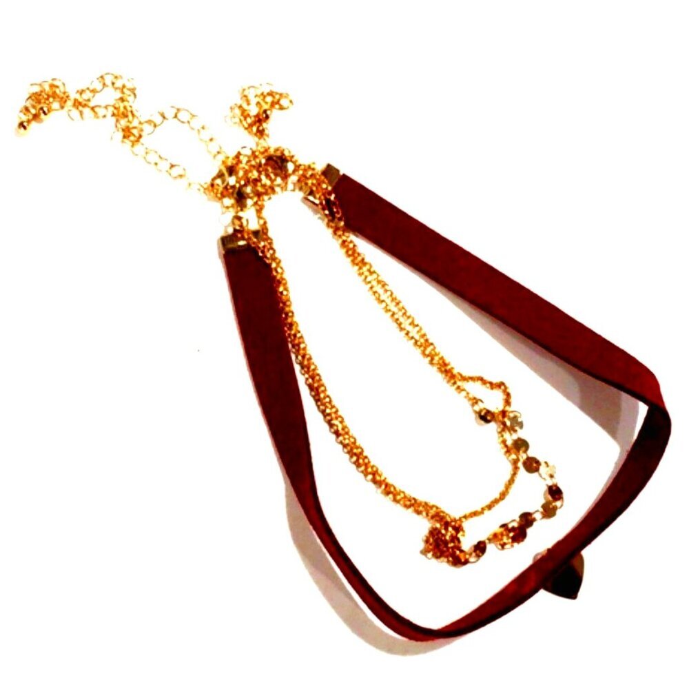 Set of 3 Gold tone Heart Burgundy Chokers Necklaces - Stylish Women's Jewelry